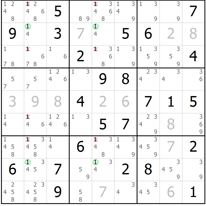 Position des candidats pour la solution de la Gr 78 page 81 du magazine de sudoku Maestro n° 094