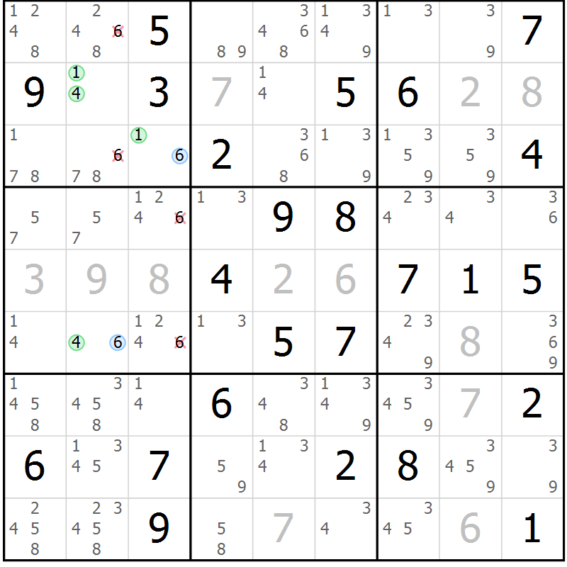 Position des candidats pour la solution de la Gr 78 page 81 du magazine de sudoku Maestro n° 094