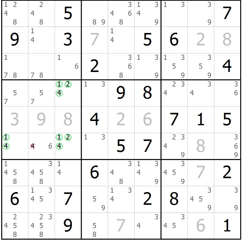 Position des candidats pour la solution de la Gr 78 page 81 du magazine de sudoku Maestro n° 094