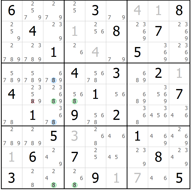 Position des candidats pour la solution de la Gr 8 page 11 du magazine de sudoku Maestro n° 094
