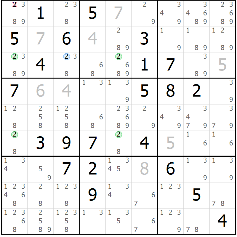 Position des candidats pour la solution de la Gr 80 page 83 du magazine de sudoku Maestro n° 094