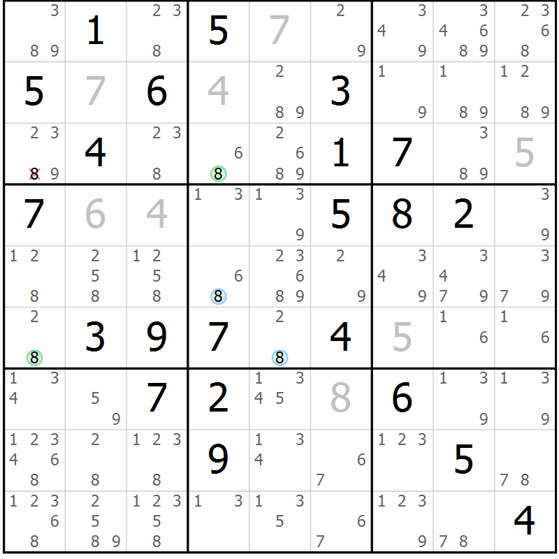 Position des candidats pour la solution de la Gr 80 page 83 du magazine de sudoku Maestro n° 094