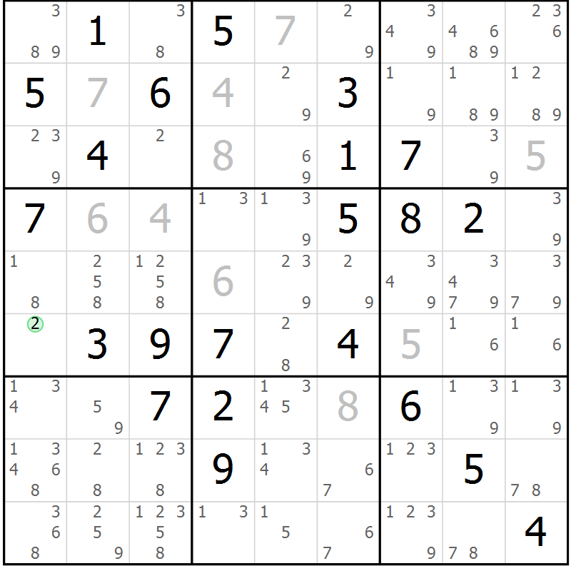 Position des candidats pour la solution de la Gr 80 page 83 du magazine de sudoku Maestro n° 094
