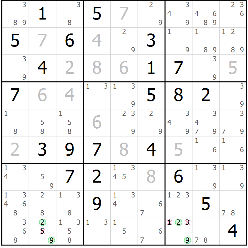 Position des candidats pour la solution de la Gr 80 page 83 du magazine de sudoku Maestro n° 094