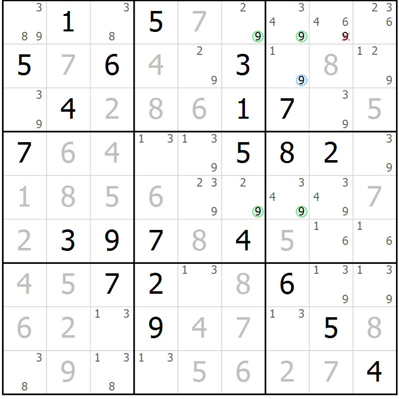Position des candidats pour la solution de la Gr 80 page 83 du magazine de sudoku Maestro n° 094