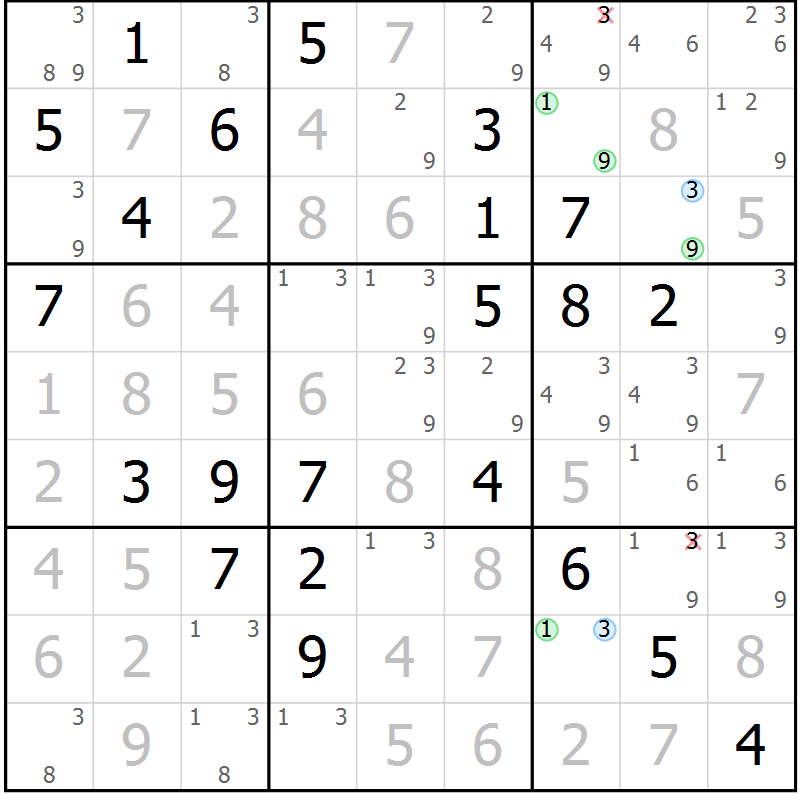 Position des candidats pour la solution de la Gr 80 page 83 du magazine de sudoku Maestro n° 094