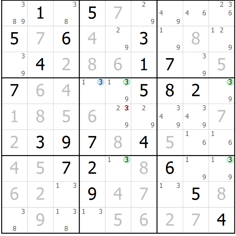 Position des candidats pour la solution de la Gr 80 page 83 du magazine de sudoku Maestro n° 094