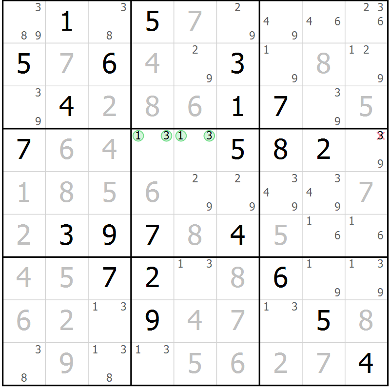 Position des candidats pour la solution de la Gr 80 page 83 du magazine de sudoku Maestro n° 094