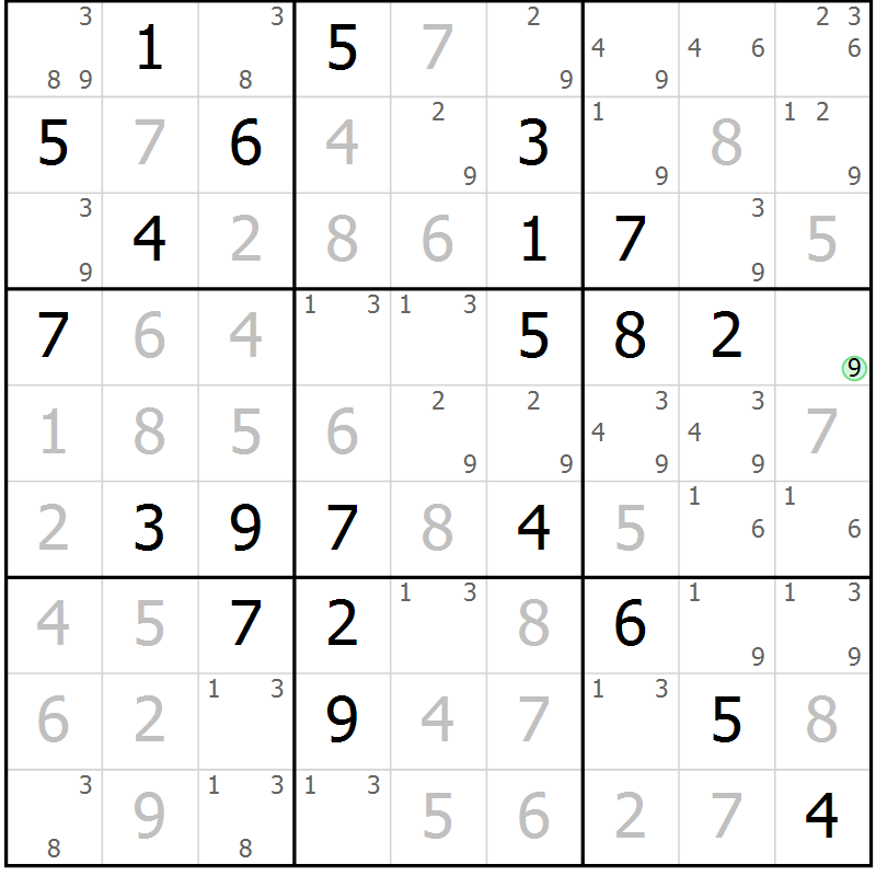 Position des candidats pour la solution de la Gr 80 page 83 du magazine de sudoku Maestro n° 094