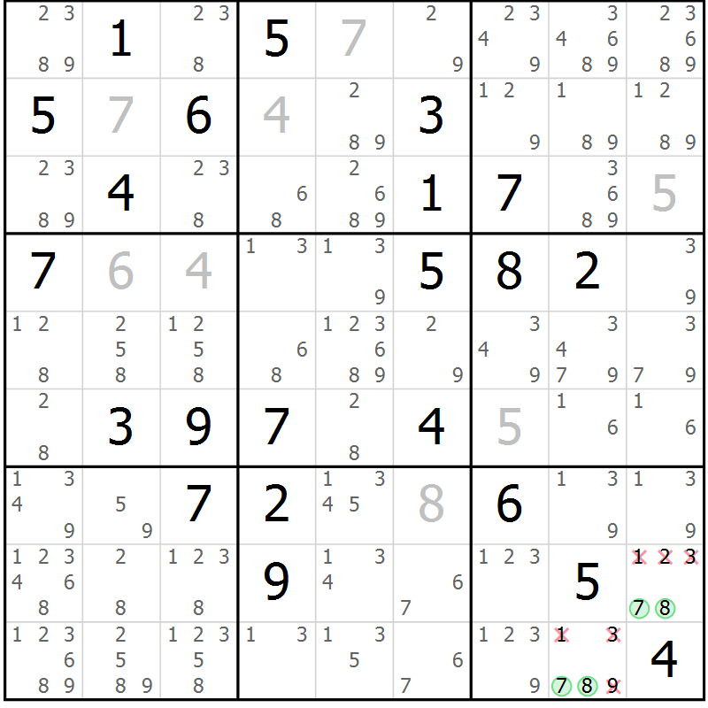 Position des candidats pour la solution de la Gr 80 page 83 du magazine de sudoku Maestro n° 094