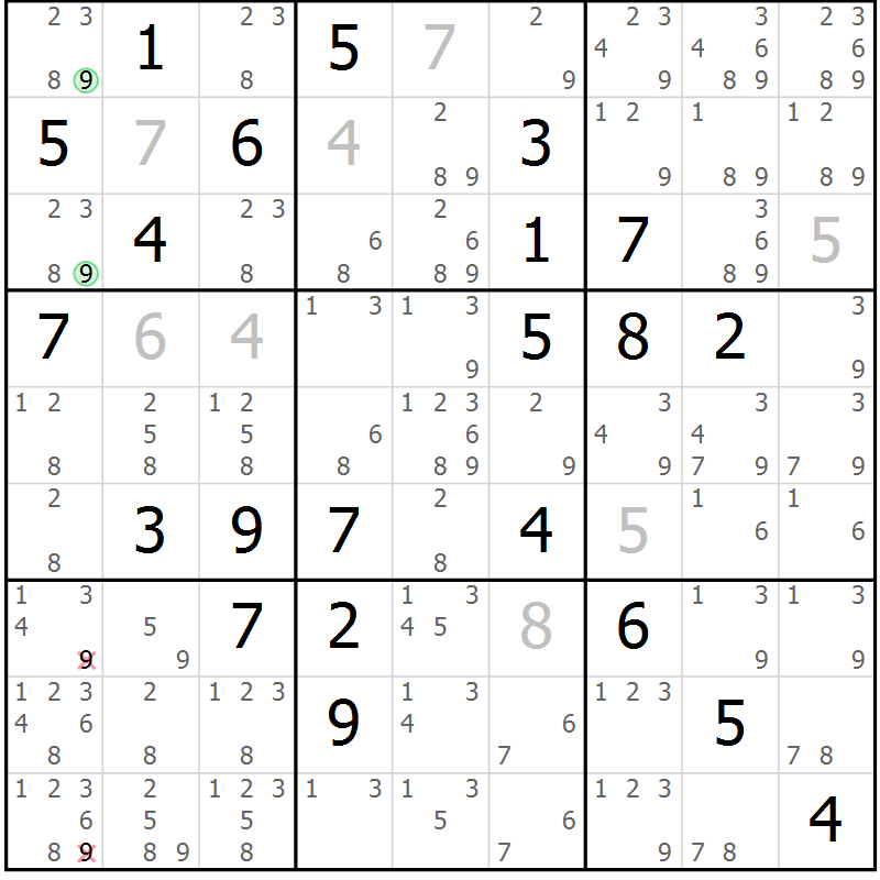 Position des candidats pour la solution de la Gr 80 page 83 du magazine de sudoku Maestro n° 094
