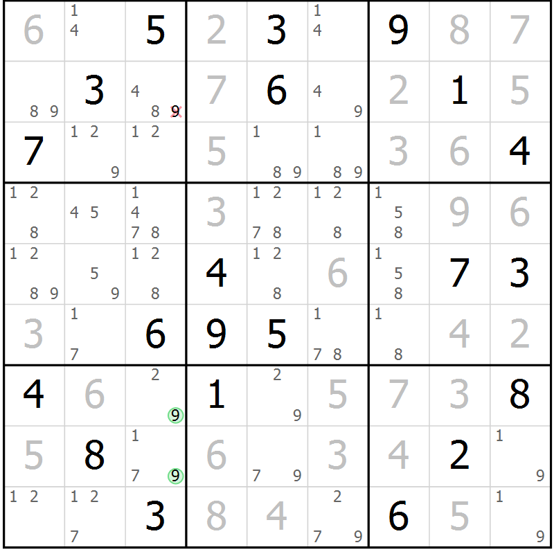 Position des candidats pour la solution de la Gr 81 page 84 du magazine de sudoku Maestro n° 094
