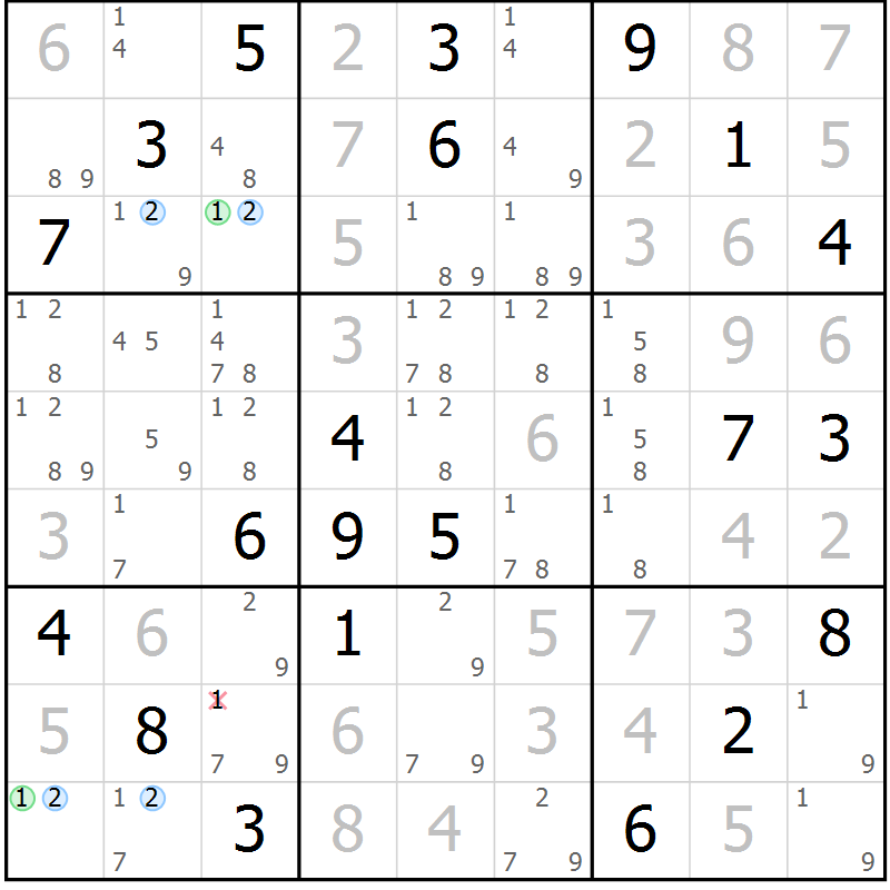 Position des candidats pour la solution de la Gr 81 page 84 du magazine de sudoku Maestro n° 094