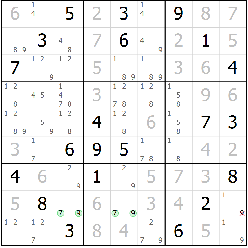 Position des candidats pour la solution de la Gr 81 page 84 du magazine de sudoku Maestro n° 094