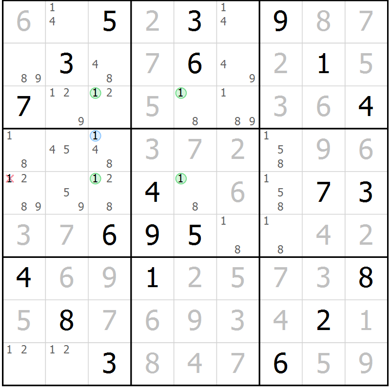 Position des candidats pour la solution de la Gr 81 page 84 du magazine de sudoku Maestro n° 094