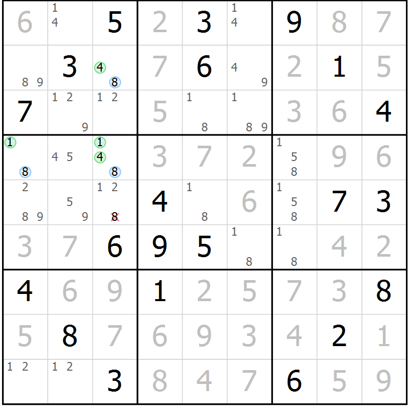 Position des candidats pour la solution de la Gr 81 page 84 du magazine de sudoku Maestro n° 094