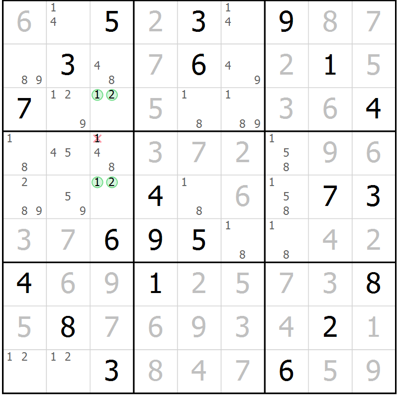 Position des candidats pour la solution de la Gr 81 page 84 du magazine de sudoku Maestro n° 094