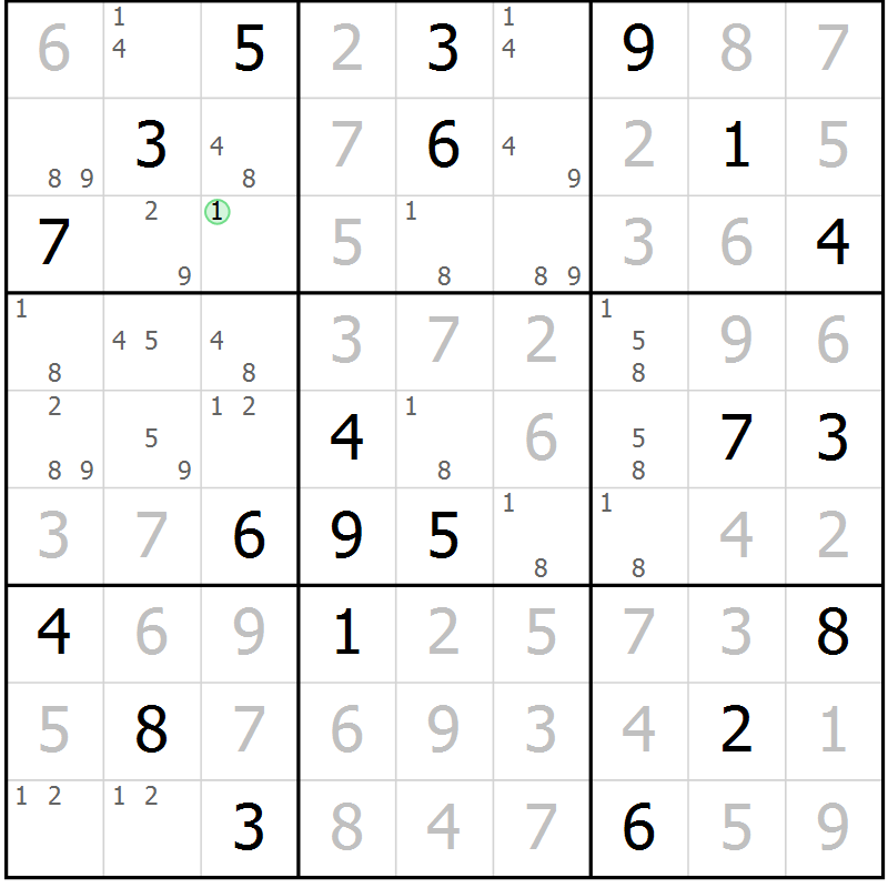 Position des candidats pour la solution de la Gr 81 page 84 du magazine de sudoku Maestro n° 094