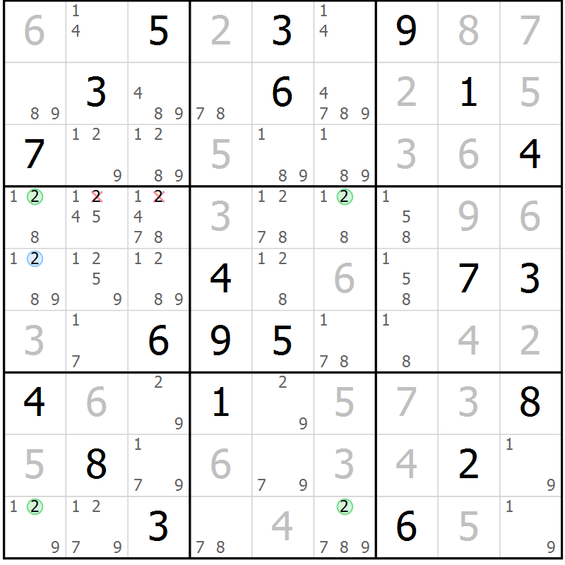 Position des candidats pour la solution de la Gr 81 page 84 du magazine de sudoku Maestro n° 094