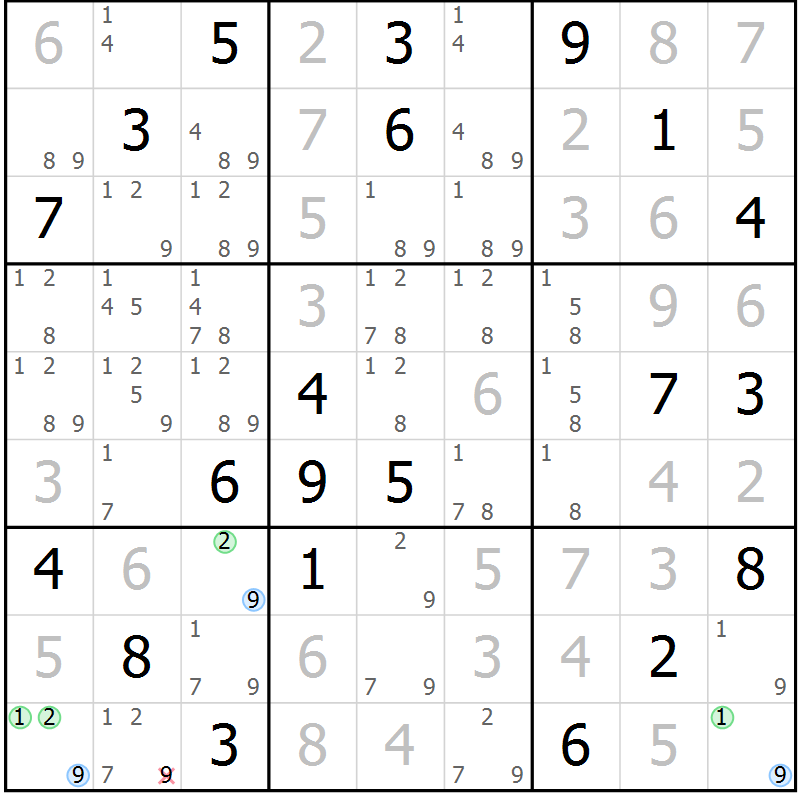 Position des candidats pour la solution de la Gr 81 page 84 du magazine de sudoku Maestro n° 094