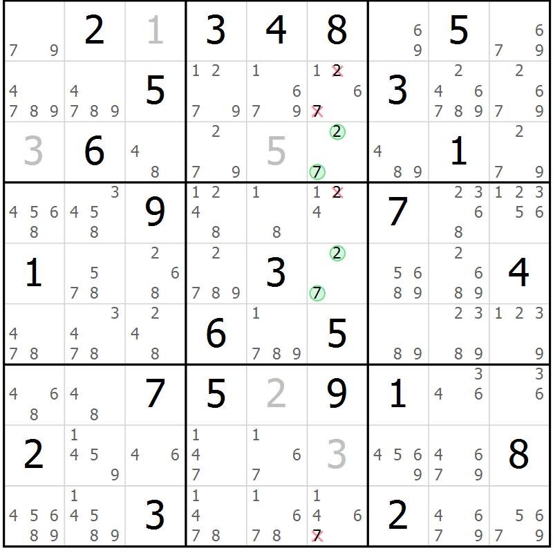 Position des candidats pour la solution de la Gr 82 page 85 du magazine de sudoku Maestro n° 094