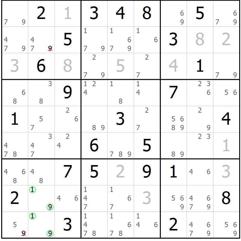 Position des candidats pour la solution de la Gr 82 page 85 du magazine de sudoku Maestro n° 094