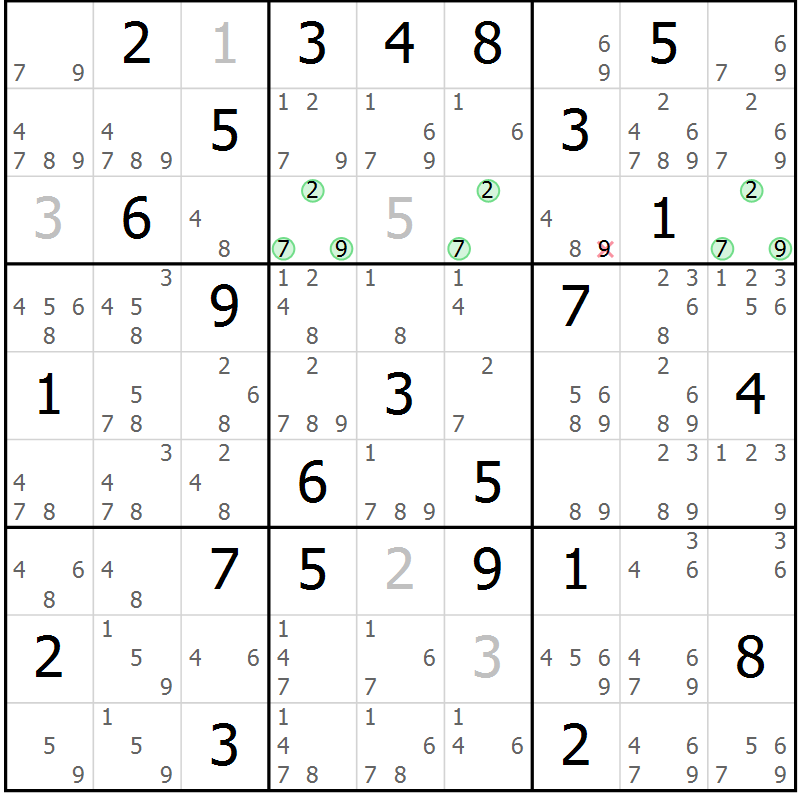 Position des candidats pour la solution de la Gr 82 page 85 du magazine de sudoku Maestro n° 094