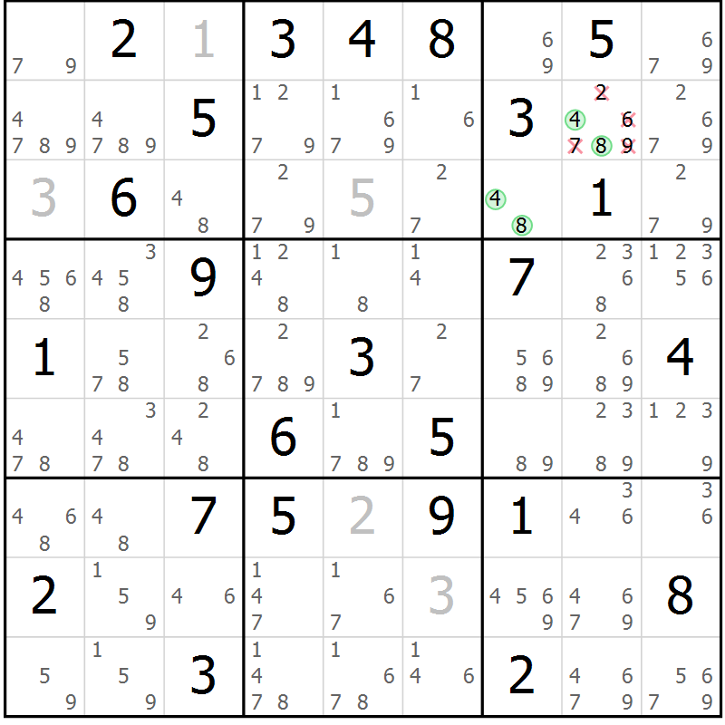 Position des candidats pour la solution de la Gr 82 page 85 du magazine de sudoku Maestro n° 094
