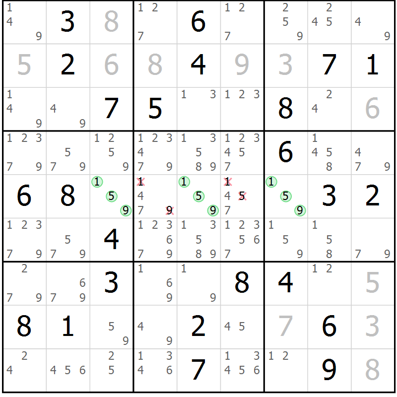 Position des candidats pour la solution de la Gr 83 page 86 du magazine de sudoku Maestro n° 094