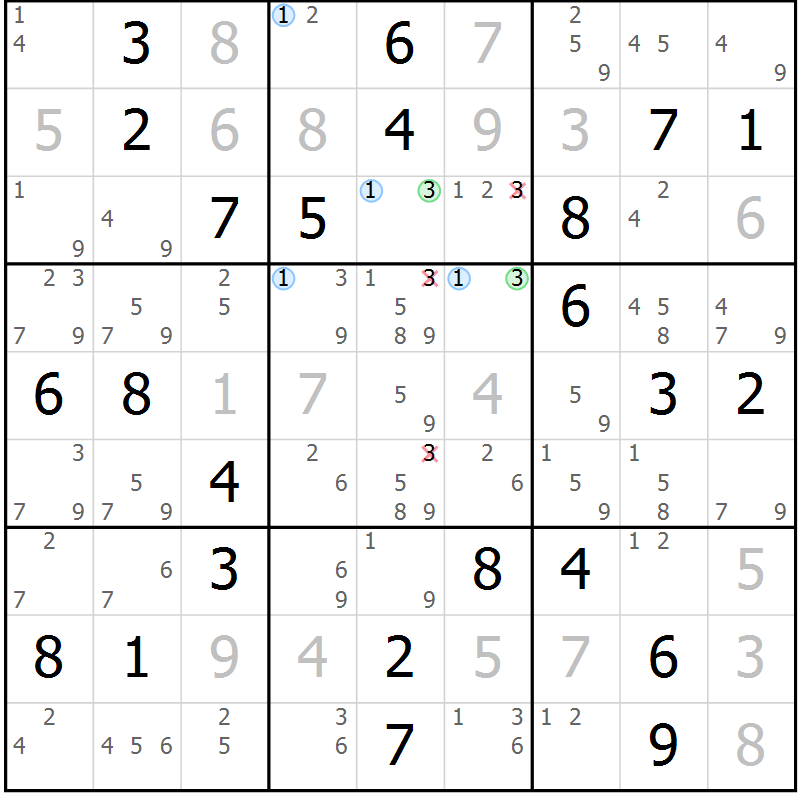 Position des candidats pour la solution de la Gr 83 page 86 du magazine de sudoku Maestro n° 094