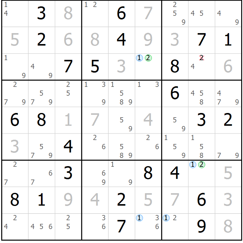 Position des candidats pour la solution de la Gr 83 page 86 du magazine de sudoku Maestro n° 094