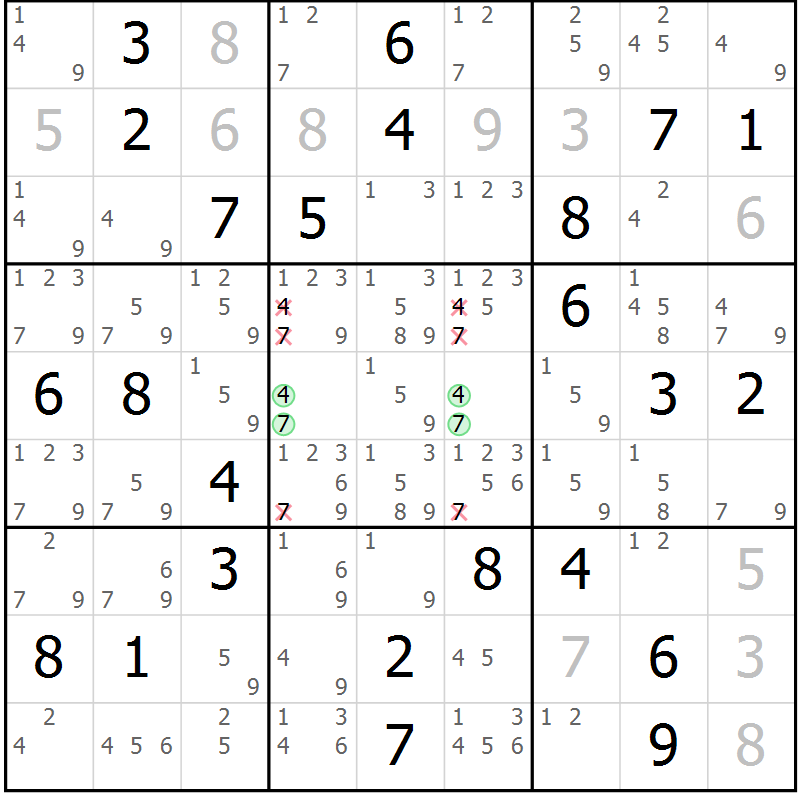 Position des candidats pour la solution de la Gr 83 page 86 du magazine de sudoku Maestro n° 094