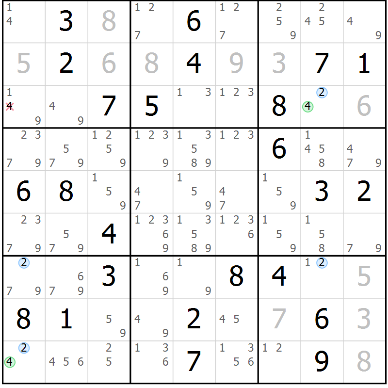 Position des candidats pour la solution de la Gr 83 page 86 du magazine de sudoku Maestro n° 094