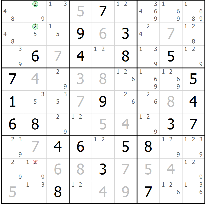 Position des candidats pour la solution de la Gr 84 page 87 du magazine de sudoku Maestro n° 094