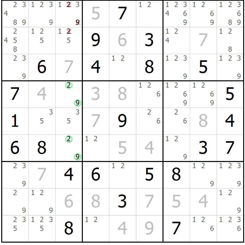 Position des candidats pour la solution de la Gr 84 page 87 du magazine de sudoku Maestro n° 094