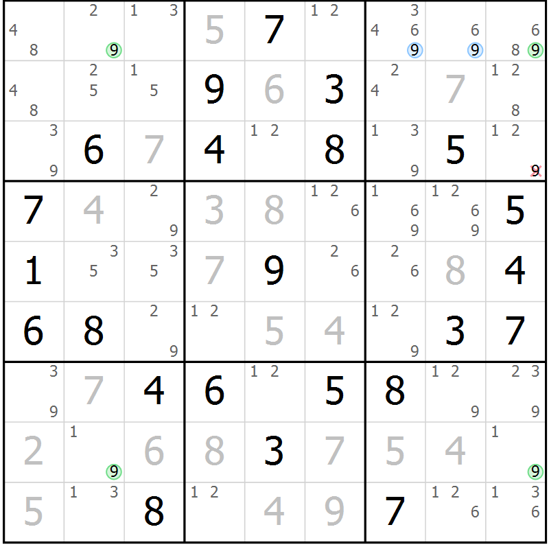 Position des candidats pour la solution de la Gr 84 page 87 du magazine de sudoku Maestro n° 094