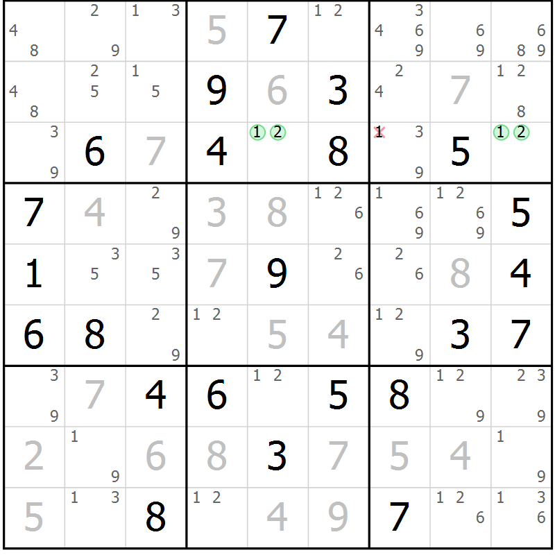 Position des candidats pour la solution de la Gr 84 page 87 du magazine de sudoku Maestro n° 094