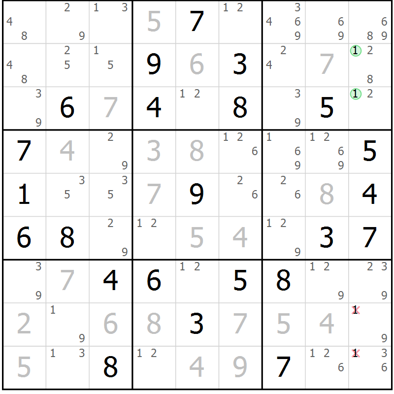 Position des candidats pour la solution de la Gr 84 page 87 du magazine de sudoku Maestro n° 094