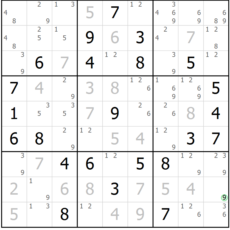 Position des candidats pour la solution de la Gr 84 page 87 du magazine de sudoku Maestro n° 094