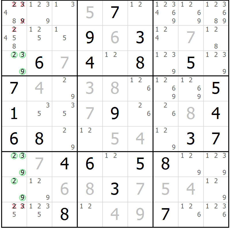 Position des candidats pour la solution de la Gr 84 page 87 du magazine de sudoku Maestro n° 094