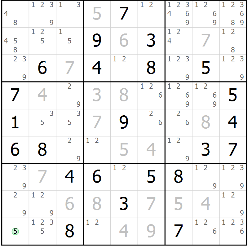 Position des candidats pour la solution de la Gr 84 page 87 du magazine de sudoku Maestro n° 094