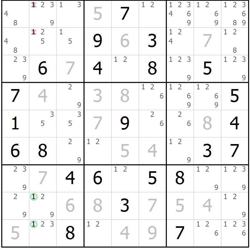 Position des candidats pour la solution de la Gr 84 page 87 du magazine de sudoku Maestro n° 094