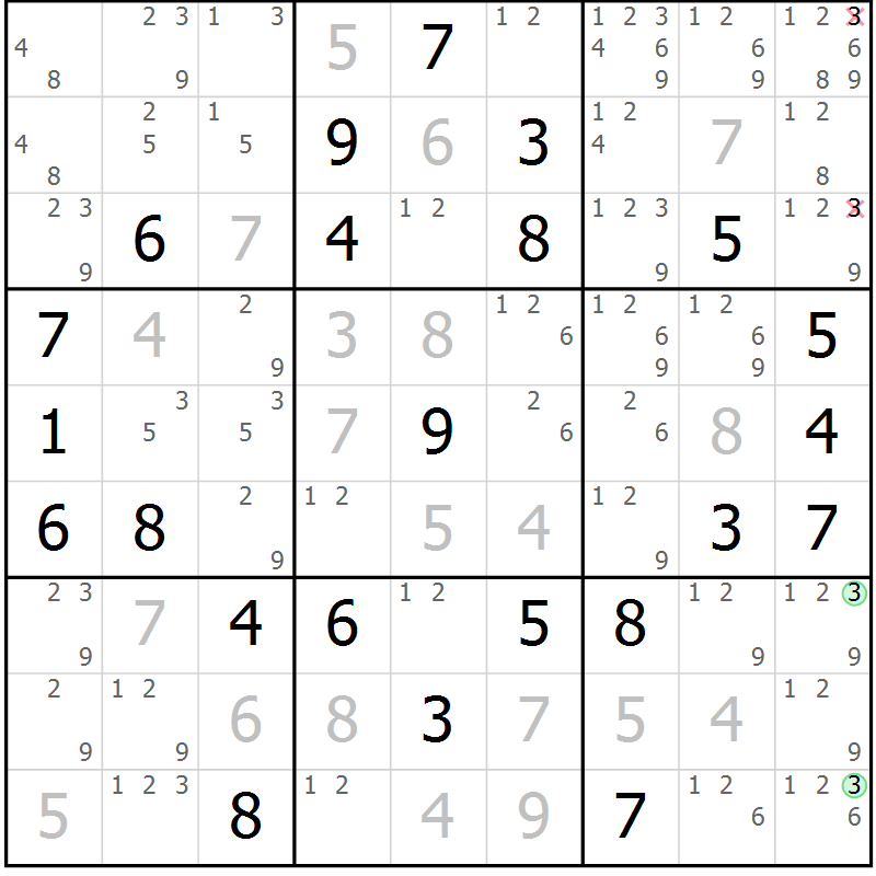 Position des candidats pour la solution de la Gr 84 page 87 du magazine de sudoku Maestro n° 094