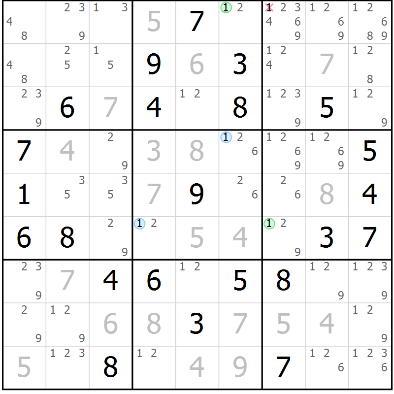 Position des candidats pour la solution de la Gr 84 page 87 du magazine de sudoku Maestro n° 094