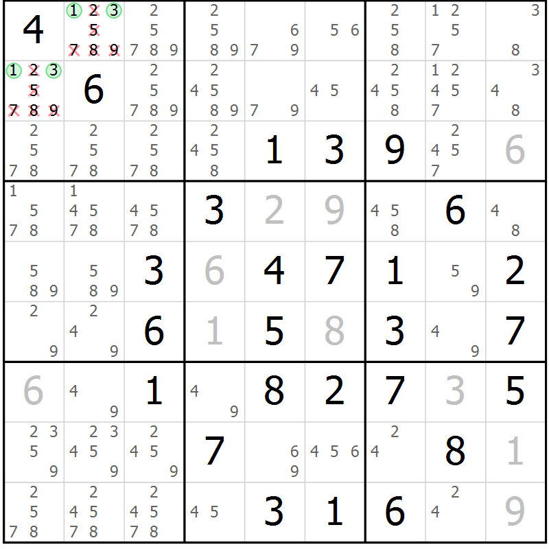 Position des candidats pour la solution de la Gr 1 page 4 du magazine de sudoku Maestro n° 097