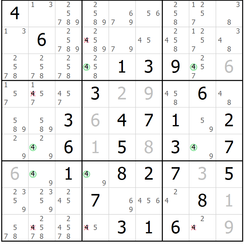 Position des candidats pour la solution de la Gr 1 page 4 du magazine de sudoku Maestro n° 097