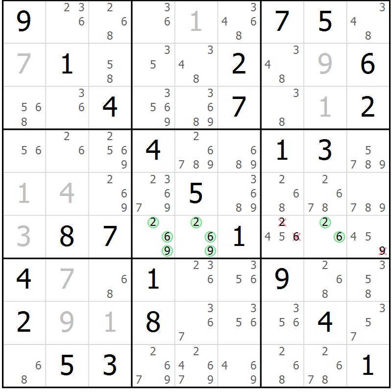 Position des candidats pour la solution de la Gr 10 page 13 du magazine de sudoku Maestro n° 097