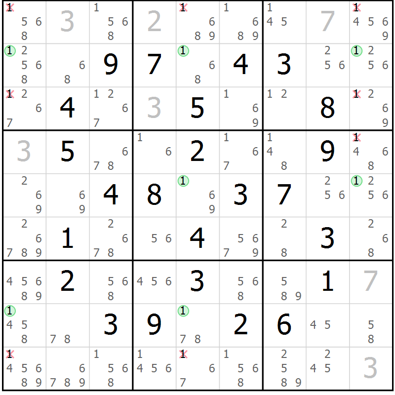 Position des candidats pour la solution de la Gr 15 page 18 du magazine de sudoku Maestro n° 097