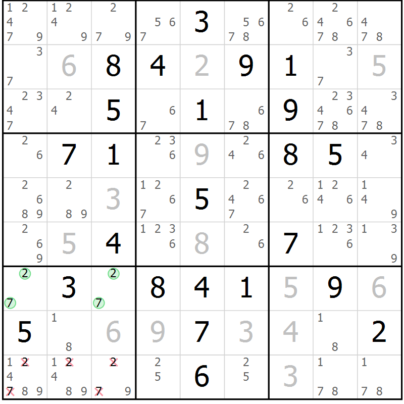 Position des candidats pour la solution de la Gr 16 page 19 du magazine de sudoku Maestro n° 097