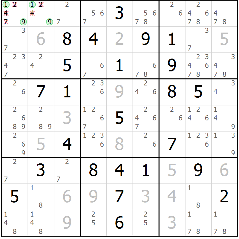 Position des candidats pour la solution de la Gr 16 page 19 du magazine de sudoku Maestro n° 097